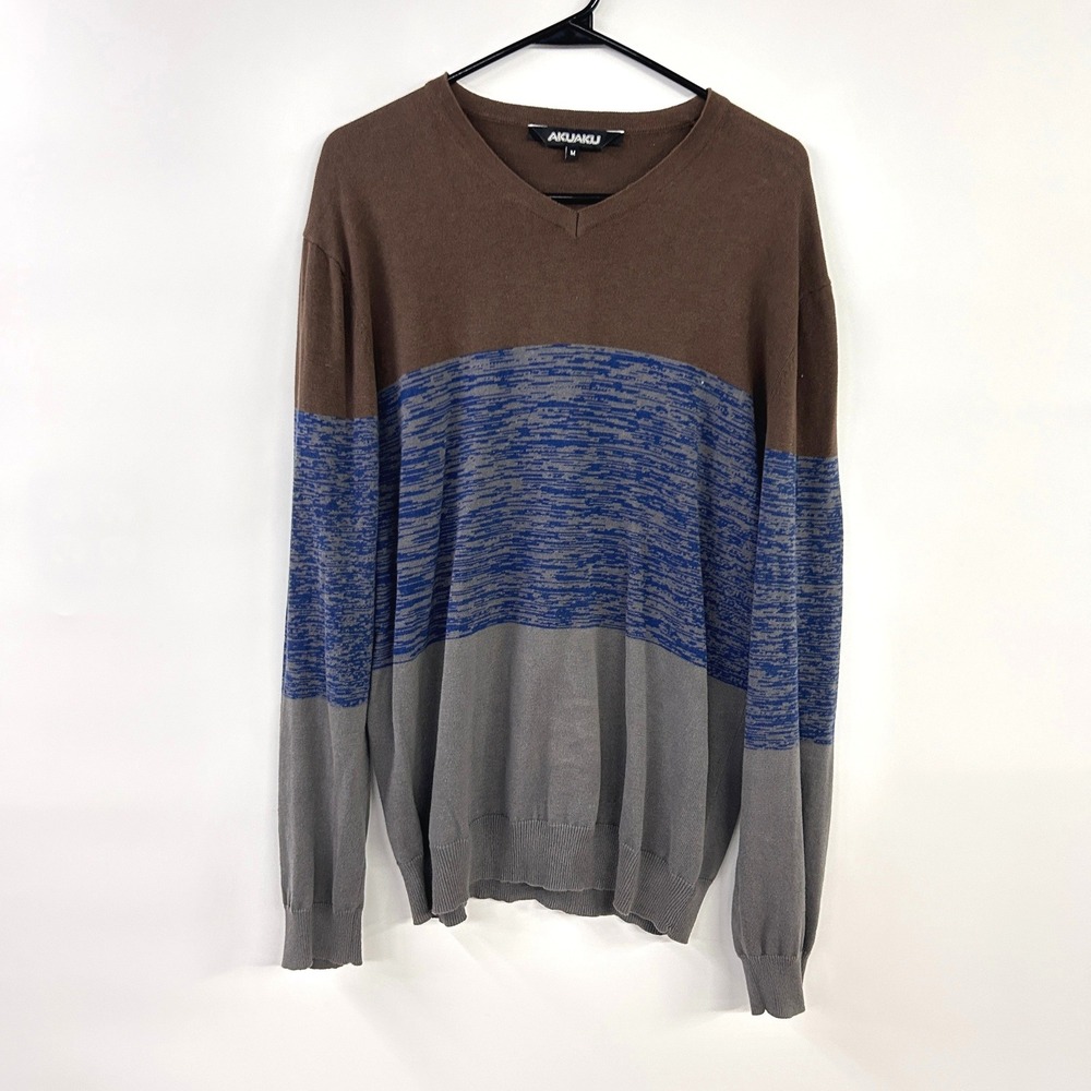 AKUAKU V-Neck Colorblock Knit Sweater Medium Brown Blue Grey Preppy Academic
